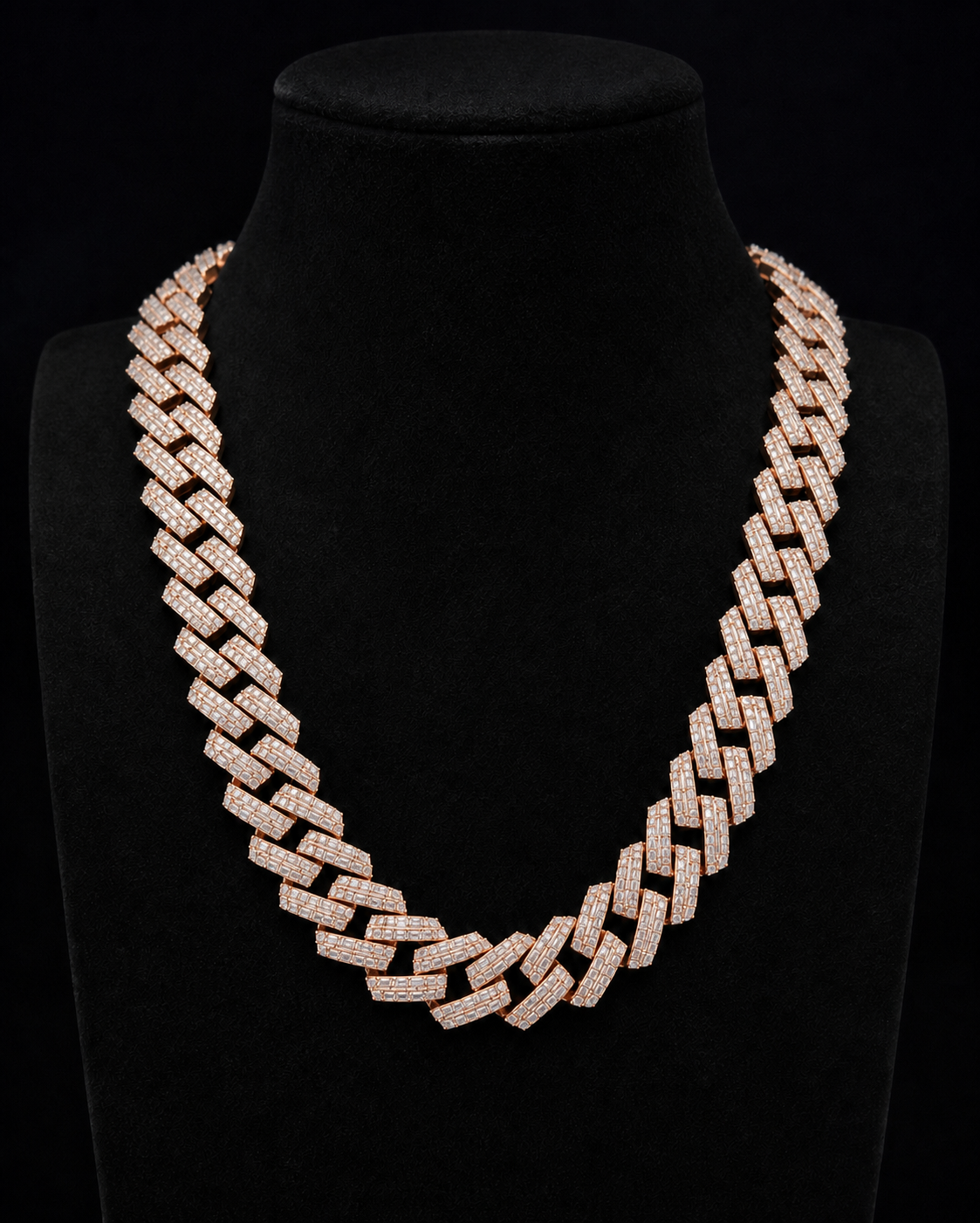 Baguette Cuban necklace displayed on a black velvet bust.